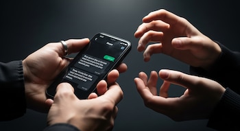 Dos manos sujetan un teléfono móvil con una pantalla de chat visible y un anillo en un dedo. Otras dos manos se extienden hacia el frente sobre un fondo oscuro.