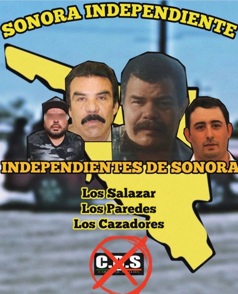 Los Salazar, Los Paredes y Los Cazadores, tres grupos con presencia en Sonora, habrían roto con Los Chapitos por diferencias relacionadas con el negocio del fentanilo. De acuerdo con el análisis de Sánchez Valdés, las células se agruparon bajo el nombre de Cártel Independiente de Sonora y comenzaron a colaborar con La Mayiza contra sus antiguos aliados. (Crédito: X| @All_Source_News)