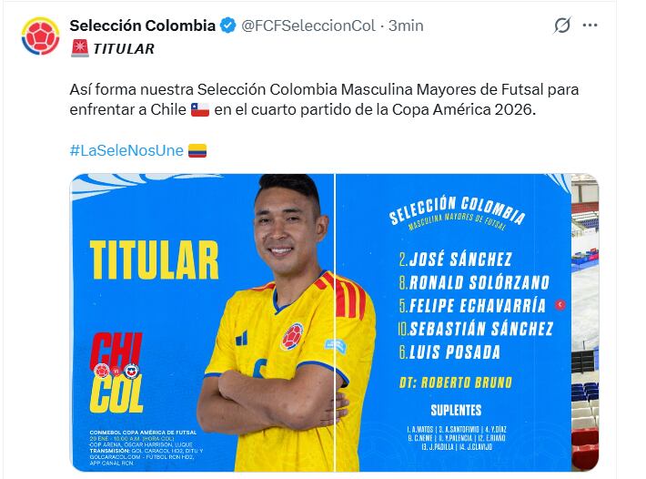 Nómina titular de la selección Colombia para el partido de la última fecha de la Copa América de Futsal contra Chile - crédito FCF