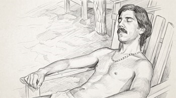 Dibujo a lápiz de un hombre con bigote y cabello oscuro, torso desnudo, ojos cerrados y collar de perlas, sentado en una silla de madera al aire libre.