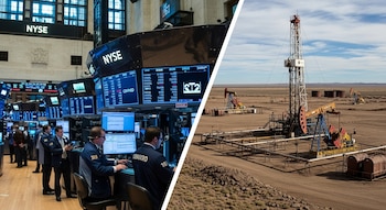 La imagen dividida muestra la Bolsa de Nueva York (NYSE) con pantallas y operadores a la izquierda, y una plataforma petrolífera en un paisaje árido a la derecha.