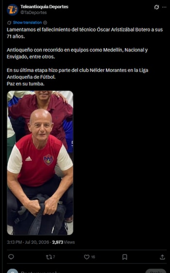 El extécnico sufrió un paro- cardiáco mientras dirigía, y en su última etapa de carrera deportiva estuvo en el club Néider Morantes de la Liga Antioqueña-crédito @TaDeportes/X