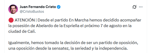 En Marcha también se declaró como partido en oposición al Gobierno de Abelardo de la Espriella - crédito @CristoBustos/X