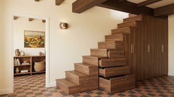 Escalera de madera oscura con cajones integrados abiertos y un armario a juego, en un interior con paredes claras y suelo de baldosas a cuadros.