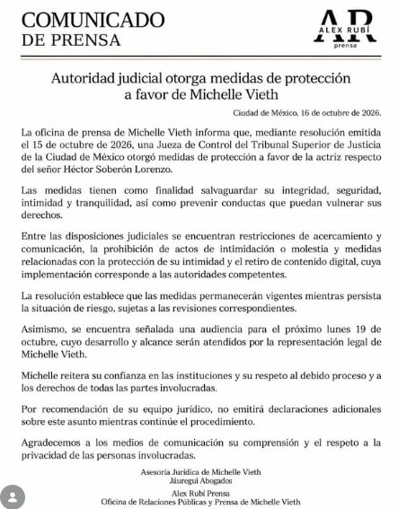El comunicado informa las medidas de protección para la actriz (Instagram / michellevieth)