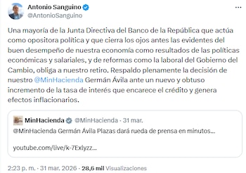 Antonio Sanguino respaldó a Germán Ávila y acusó a la Junta del Banco de la República de actuar como oposición política - crédito @AntonioSanguino/X
