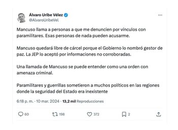 Álvaro Uribe Vélez y su denuncia con respecto a las denuncias de Salvatore Mancuso