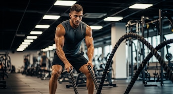 Hombre musculoso y sudoroso con camiseta sin mangas gris y pantalones cortos negros entrenando con sogas de batalla en un gimnasio.