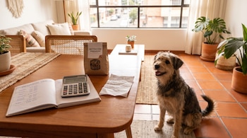 Cuaderno con el título presupuesto familiar, una calculadora, alimento para mascotas y un perro sentado junto a la mesa de madera.