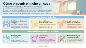 Infografía con título, texto introductorio, ilustración de un cuarto ventilado, seis recuadros con consejos e iconos, y logo de Infobae.