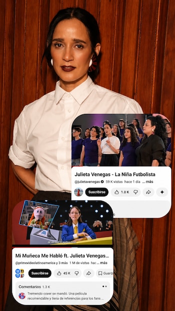 Julieta Venegas, con blusa blanca y aretes rojos, superpuesta con dos miniaturas de videos de YouTube, incluyendo uno de "La Niña Futbolista"