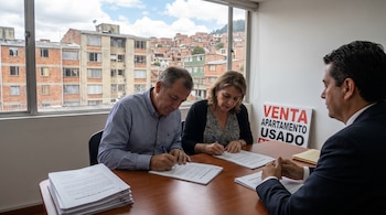 Dos personas firman documentos en una mesa de madera, con una tercera persona observando. Detrás, un cartel 'VENTA APARTAMENTO USADO' y edificios urbanos.