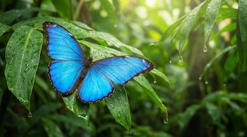 Una mariposa de alas azules y bordes oscuros posada en hojas verdes húmedas.