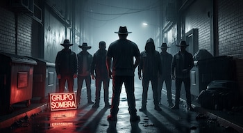 Siete hombres con sombreros y capuchas en un callejón oscuro y lluvioso. Un cartel rojo luminoso dice "GRUPO SOMBRA" en primer plano junto a dos contenedores.