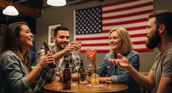 Cuatro amigos, dos hombres y dos mujeres, sentados alrededor de una mesa de madera en un bar, brindando con varias bebidas. Al fondo, una bandera de Estados Unidos.
