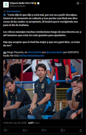 Diego Placente destacó la importancia de la educación emocional en juveniles de la Selección Argentina tras las polémicas declaraciones del jugador de Boca Juniors Julio Coria-crédito @DSportsRadio/X