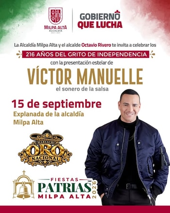 Cartel promocional con la información del Grito de Independencia, logotipos institucionales y la imagen del cantante Víctor Manuelle