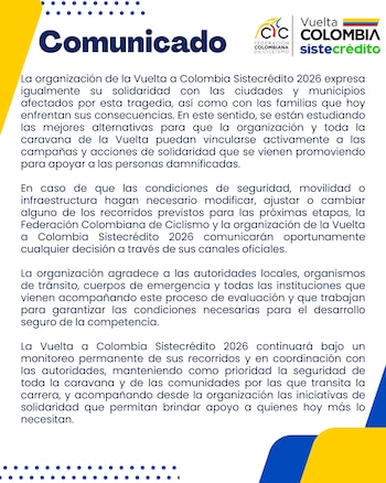 La organización de la Vuelta a Colombia Sistecrédito 2026 expresó solidaridad con las ciudades y municipios afectados por el sismo-crédito Federación Colombiana de Ciclismo