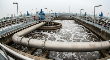 Vista general de una planta de tratamiento de aguas residuales, mostrando canales con agua espumosa, grandes tuberías grises, pasarelas y maquinaria azul.