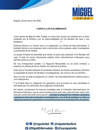 La Fiscalía advierte sobre un plan para asesinar a los funcionarios que investigan el magnicidio de Miguel Uribe Turbay - crédito Miguel Uribe Londoño