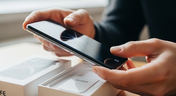 Primer plano de unas manos sacando un smartphone negro de su caja blanca, con la pantalla del teléfono mostrando un patrón de luz.