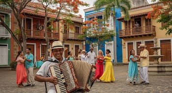 Hombre sonriente toca el acordeón en una plaza adoquinada. Personas bailan y socializan frente a edificios coloniales coloridos, árboles tropicales y una fuente.