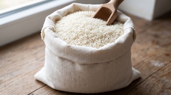 Un saco de tela blanco con granos de arroz crudo y una cuchara de madera clavada en su parte superior, sobre una superficie de madera.