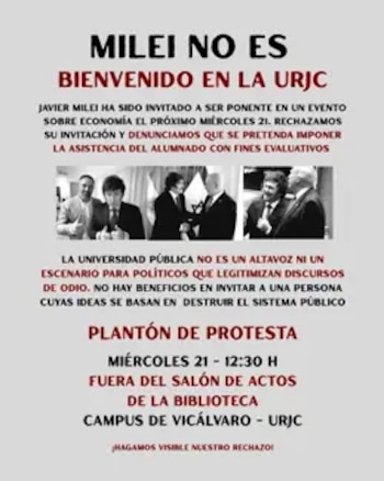 Convocan una protesta universitaria contra la participación de Milei "y su agenda propagandística" en un acto en la URJC (URJC por la Pública)