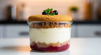 Cheesecake invertido servido en un vaso de cristal, mostrando capas de compota roja, galleta triturada, crema de queso y una galleta redonda superior con bayas y menta.