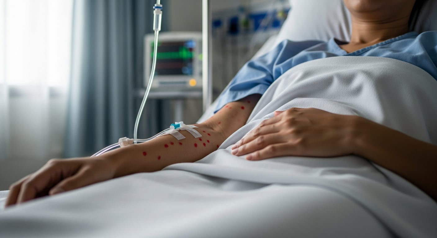 Un paciente con dengue muestra una erupción cutánea en su brazo mientras recibe suero en una cama de hospital. (Imagen Ilustrativa Infobae)