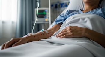 Primer plano de un paciente en cama de hospital con un sarpullido rojo en el brazo, una vía intravenosa y un monitor médico al fondo.