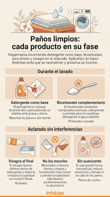Infografía con ilustraciones de una lavadora, prendas, detergente, una cuchara con polvo y botellas con recomendaciones sobre el lavado de paños.