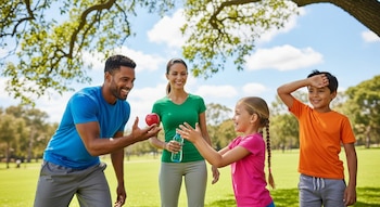 Un hombre, una mujer, una niña y un niño en un parque verde bajo un cielo azul. El hombre ofrece una manzana a la niña. La mujer tiene una botella de agua.