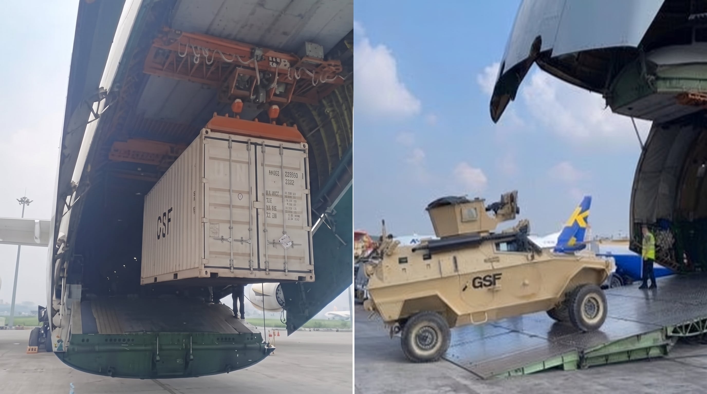 Un avión de carga transporta un contenedor mediante una grúa interna mientras un vehículo blindado desciende por la rampa de otra aeronave en una pista aérea. (Imagen Ilustrativa Infobae)