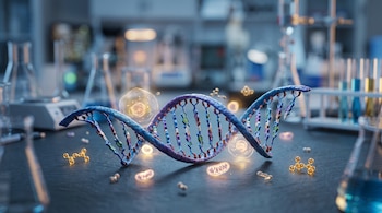 Estructura en doble hélice de ADN sobre una superficie de laboratorio con representaciones luminosas de células e instrumental de fondo.
