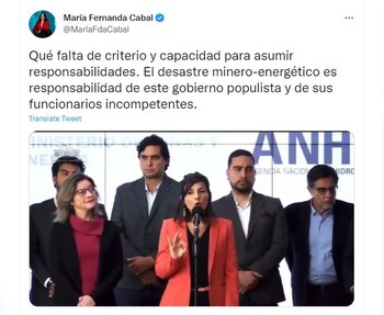 La senadora de la oposición advirtió que Colombia está frente a un desastre mineroenergético. Twitter.