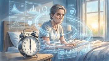 Dibujo hiperrealista de una persona adulta sentada en su cama al amanecer, con un reloj despertador en primer plano. Gráficos biométricos translúcidos flotan alrededor.