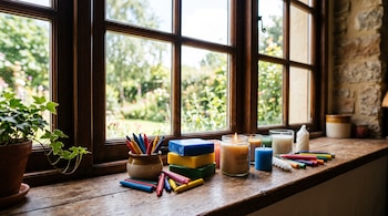Velas encendidas, bloques de cera, lápices de colores en un bote y una planta sobre el alféizar de madera de una ventana.