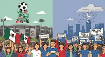 Ilustración plana de una escena dividida: a la izquierda, gente celebra ante un estadio con banderas de México y logo FIFA 2026; a la derecha, manifestantes con pancartas bajo lluvia.