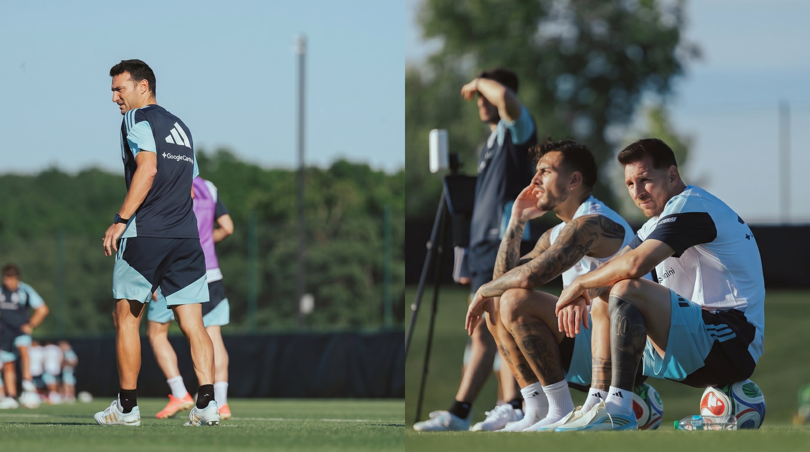 El director técnico Lionel Scaloni, el capitán Lionel Messi y Leandro Paredes observan atentamente durante una sesión de entrenamiento de la selección argentina de fútbol. (Imagen Ilustrativa Infobae)