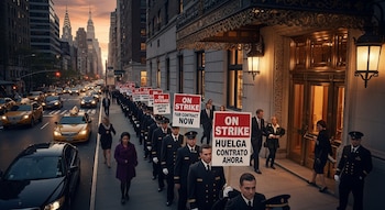 Una larga fila de trabajadores uniformados con pancartas de "ON STRIKE" piquetearon en una acera de Nueva York, con taxis y edificios icónicos al fondo al atardecer.