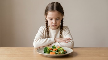 Una niña con trenzas y jersey blanco mira con desagrado un plato de brócoli, zanahorias y judías verdes sobre una mesa de madera. Fondo beige claro.