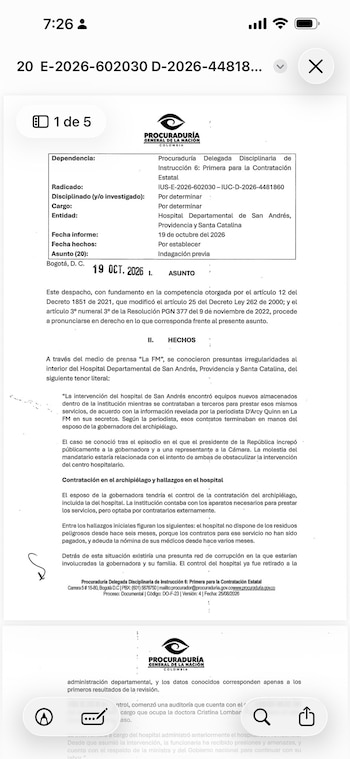 Uno de los documentos anunció la investigación al Hospital Departamental de San Andrés, Providencia y Santa Catalina - crédito Procuraduría