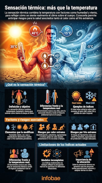 Infografía de la sensación térmica con un hombre dividido en calor y frío, mostrando termómetros, sol, nieve e iconos climáticos explicativos de riesgos.