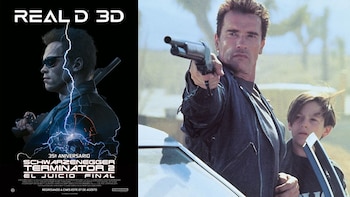 Póster de 'Terminator 2' con Arnold Schwarzenegger, rayo azul y texto. Escena de la película con Arnold Schwarzenegger y niño, ambos con armas