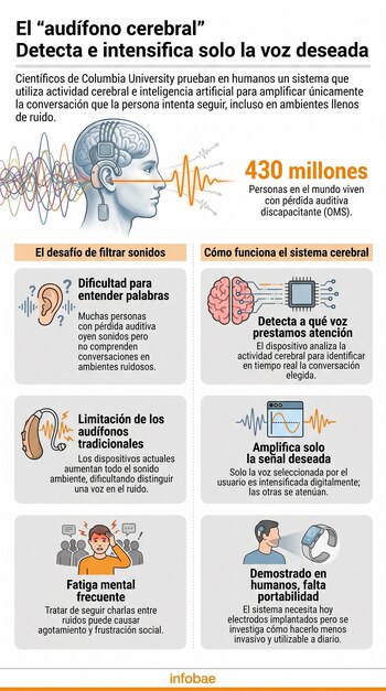 Infografía sobre el 'audífono cerebral' que detecta y amplifica la voz deseada, mostrando un cerebro, un oído y diagramas de su funcionamiento.