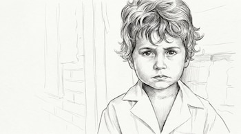 Ilustración a lápiz en blanco y negro de un niño joven con cabello rizado y una mirada directa. El fondo es un boceto ligero sobre papel claro.