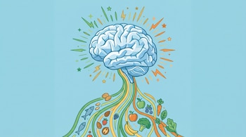 Un cerebro estilizado se conecta con líneas onduladas que transportan pescados, frutos secos, frutas, verduras y brotes de energía sobre un fondo azul.