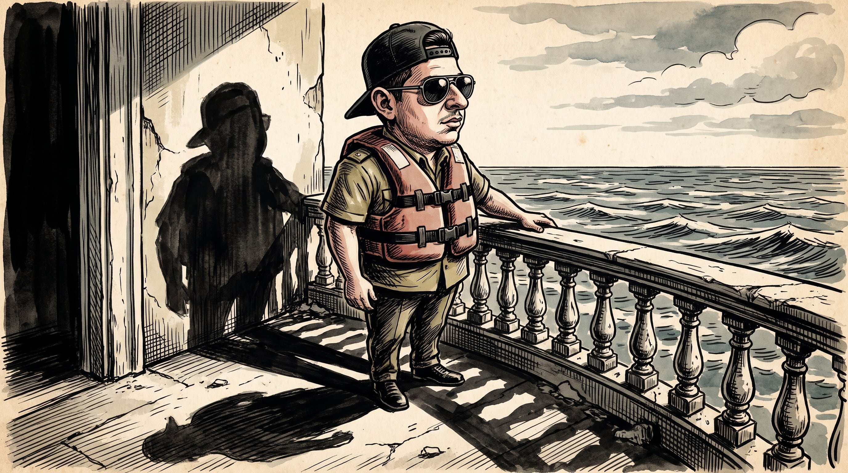 Raúl Guillermo Rodríguez Castro permanece en un balcón en Varadero frente al mar mientras una sombra militar se proyecta sobre la pared a sus espaldas. (Imagen Ilustrativa Infobae)