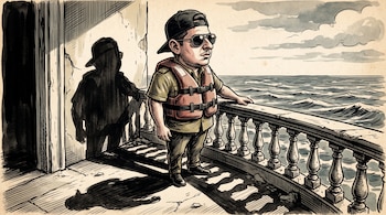Ilustración de un hombre con gorra, gafas de sol y chaleco salvavidas en un balcón junto al mar, con una sombra proyectada en la pared.